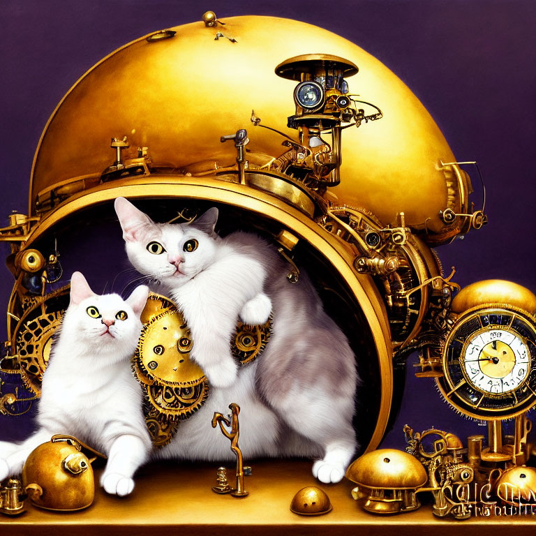 Two White Cats Playfully Posed in Steampunk Contraption on Purple Background