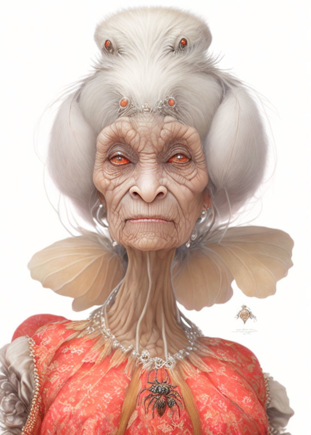 Elderly woman with surreal features and spider pendant