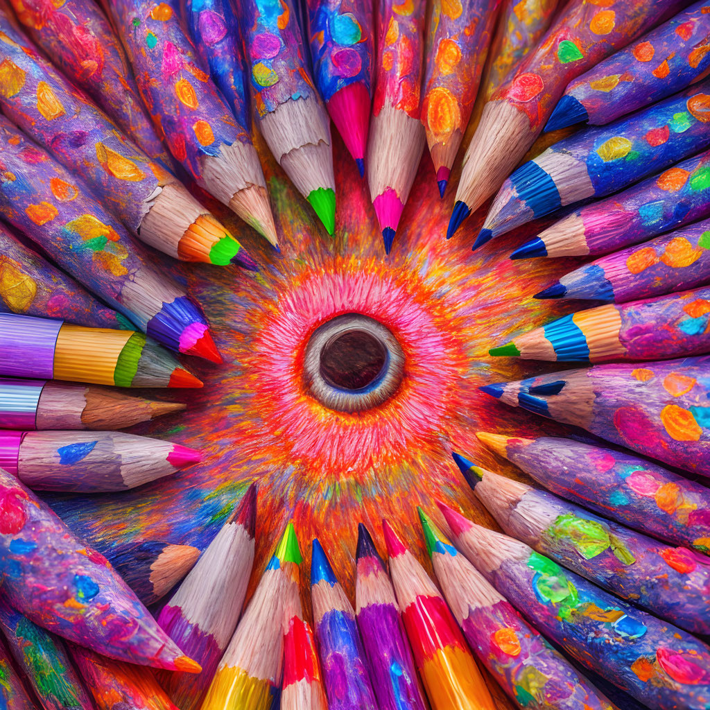 Colorful pencils in circular pattern creating eye illusion