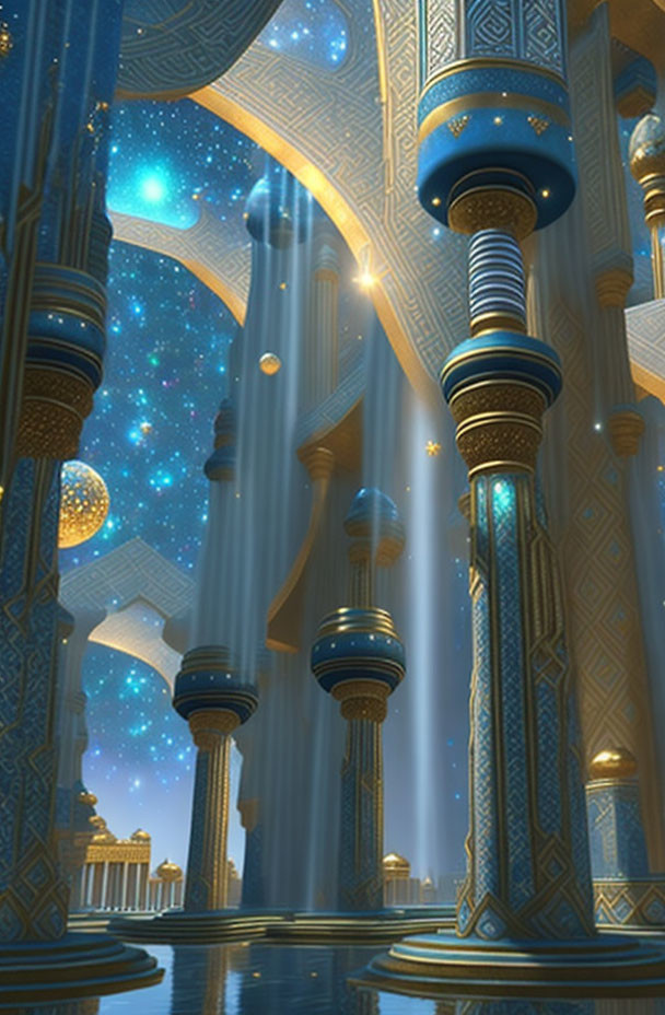 Fantasy palace interior with blue and gold columns and starry night sky
