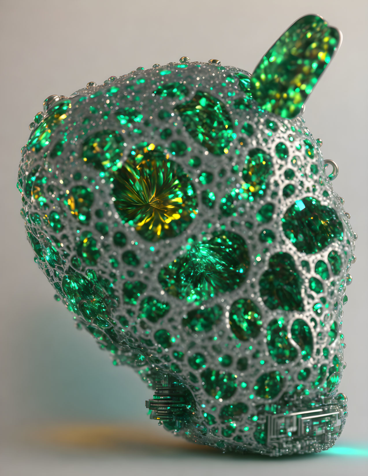 Crystal-Encrusted Apple Sculpture with Green Gemstones and Filigree Patterns