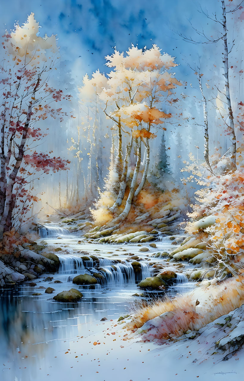 Tranquil autumn forest with stream and misty glow