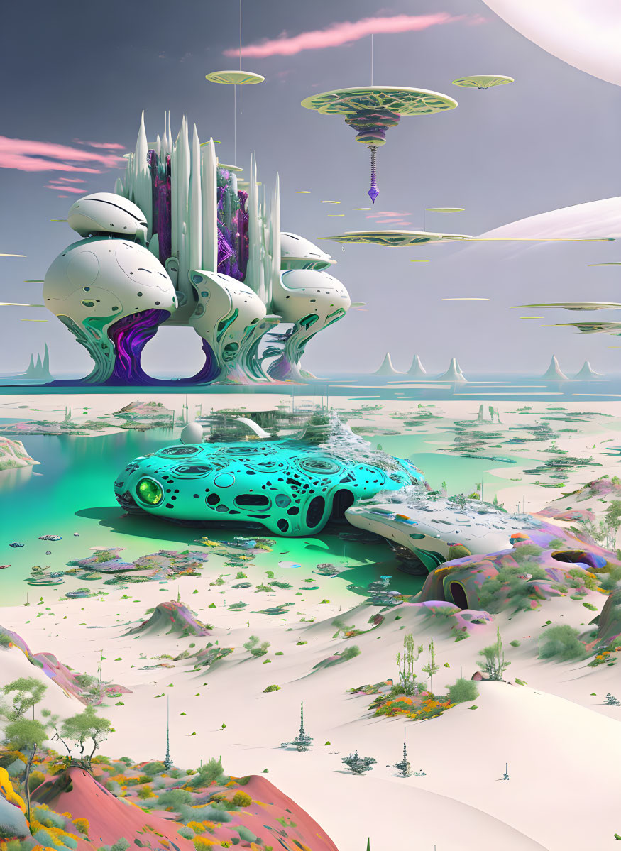 Futuristic landscape: floating cities, organic architecture, pink sands, lush greenery, unidentified flying