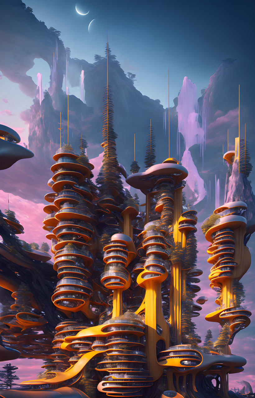 Majestic spiral structures in a mystical twilight landscape