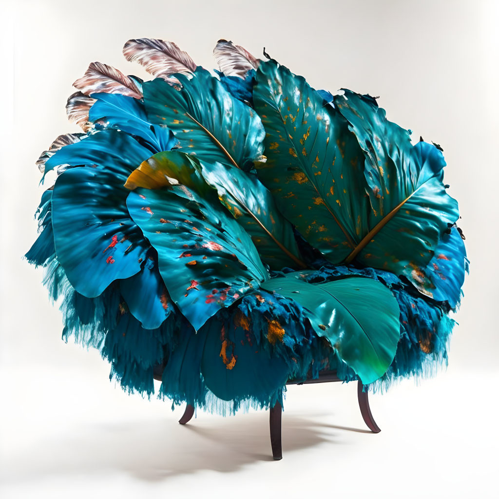 Opulent blue flower chair with feather-like petals and vibrant colors