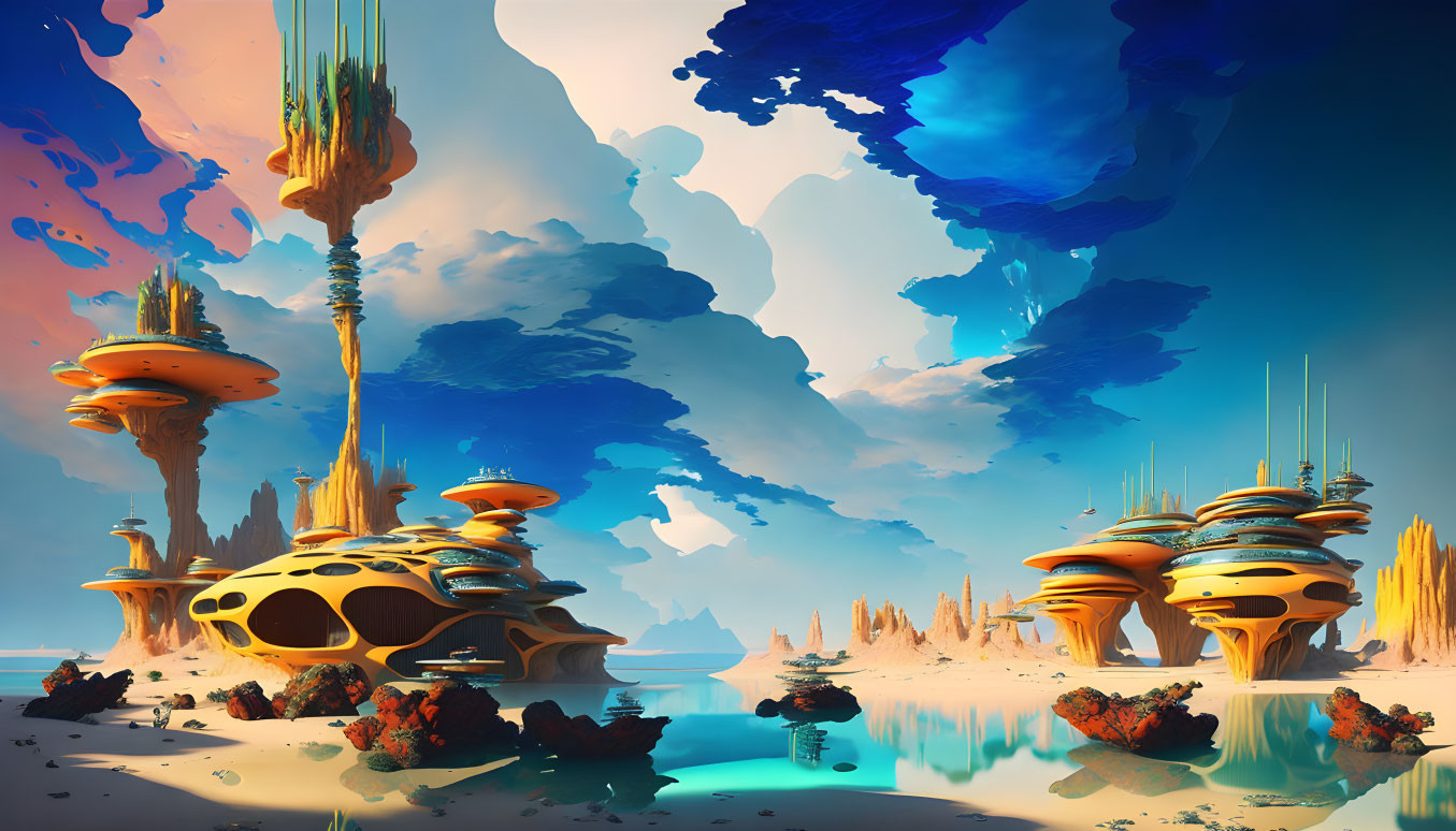 Surreal alien landscape with towering rock formations and vibrant blue skies