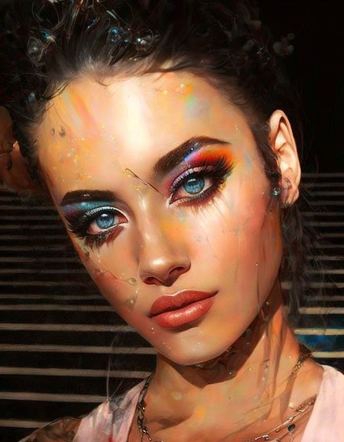 Woman with Striking Blue Eye Makeup and Freckles in Sunlight Shadow Patterns