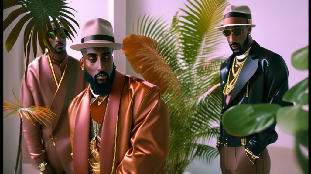 Two Men in Salmon and Black Jackets with Hats and Sunglasses among Indoor Plants