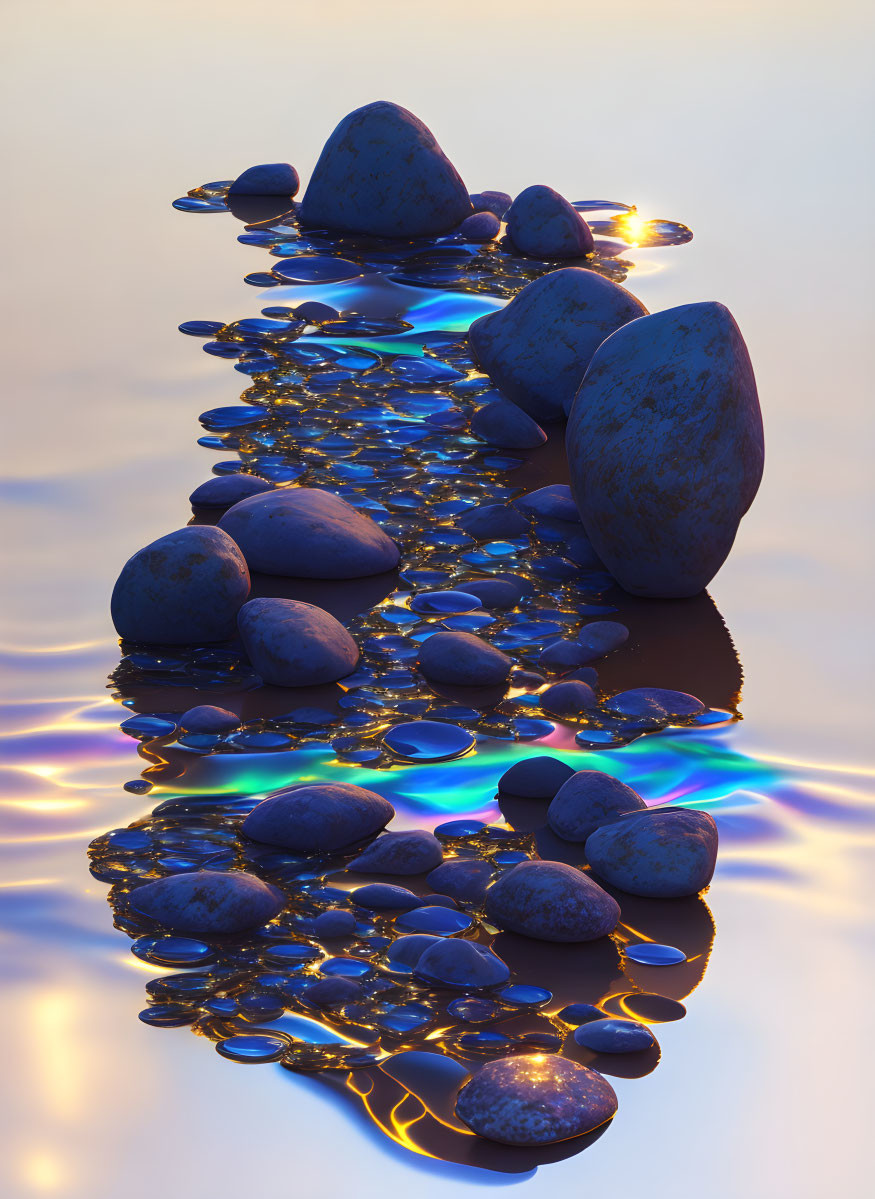 Digital artwork of smooth stones on reflective water with vibrant colors