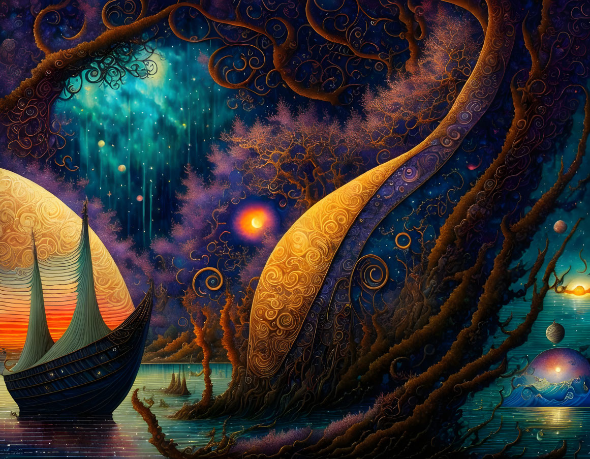 Colorful sailboat scene with swirling trees and starry sky