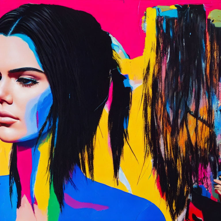 Colorful Pop Art Painting of Woman's Profile in Blue, Yellow, and Pink