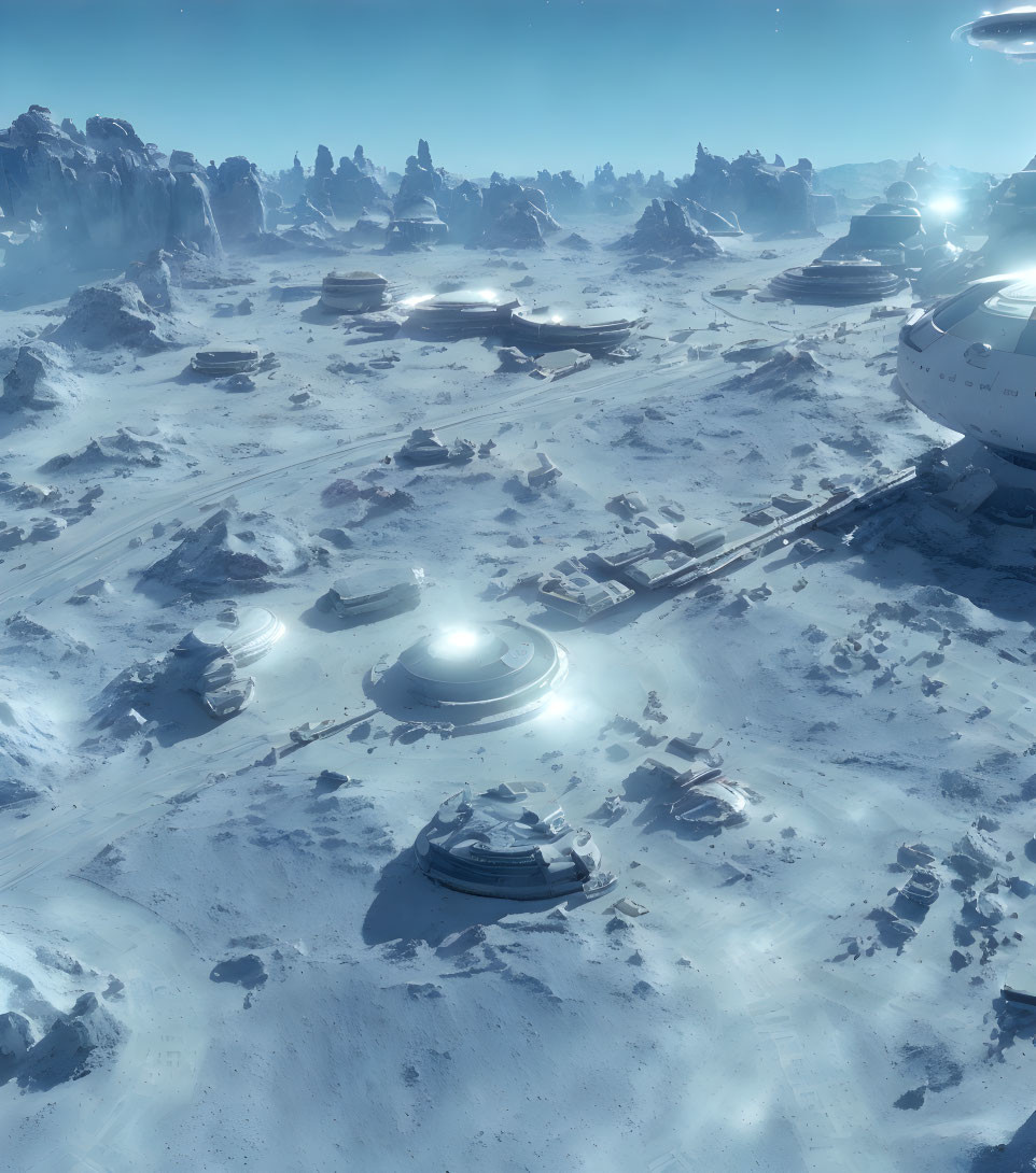 Advanced structures and vehicles in a futuristic icy landscape