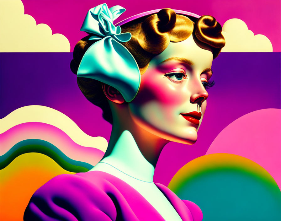 Abstract retro-futuristic portrait of woman with stylized hair & makeup