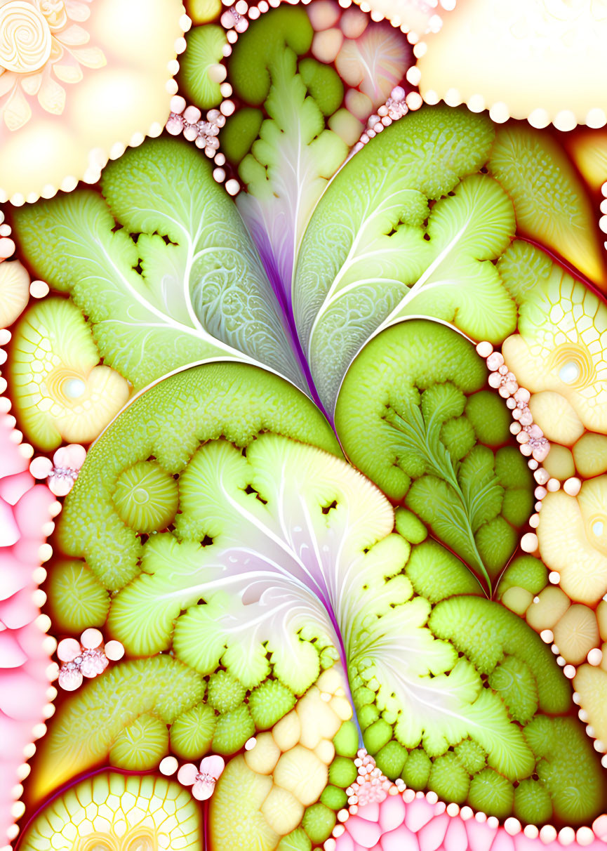 Colorful fractal art with leaf patterns in green and white hues.