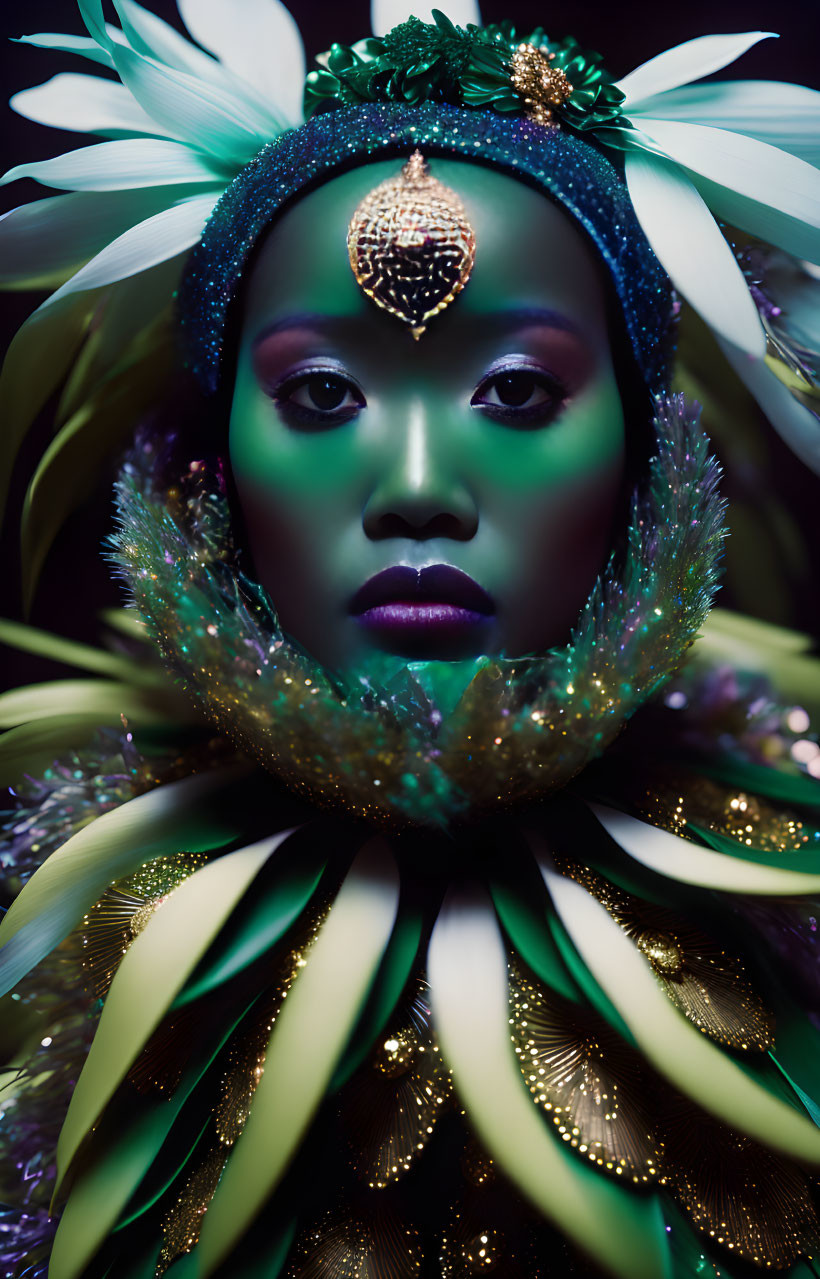 Striking makeup and decorative headpiece with ethereal vibe surrounded by petal-like elements