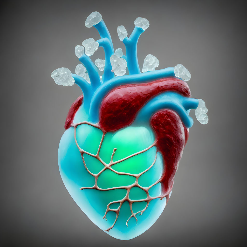 Detailed 3D human heart anatomy with arteries and veins on grey background