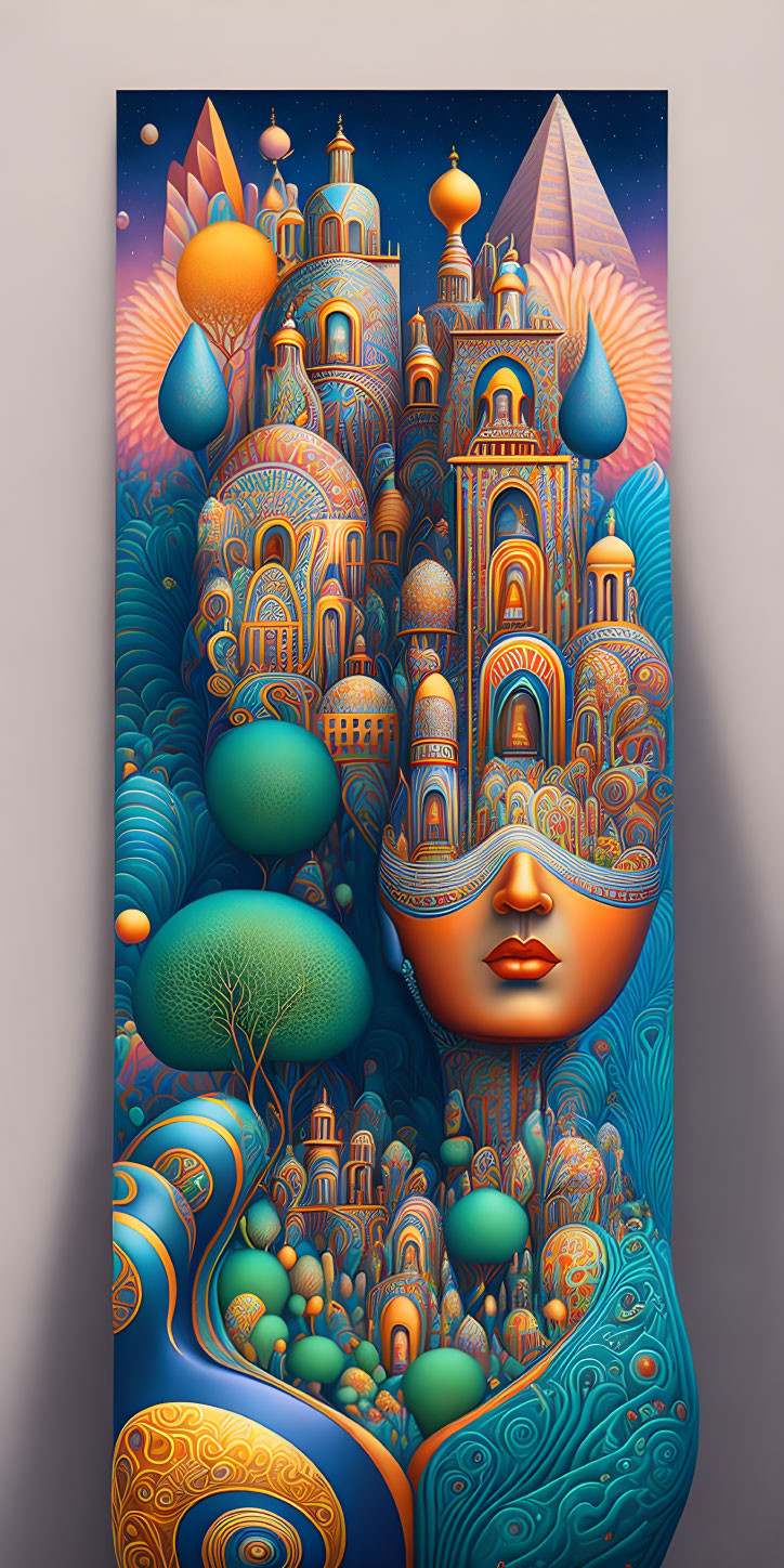 Whimsical artwork: Serene female face in fantastical landscape