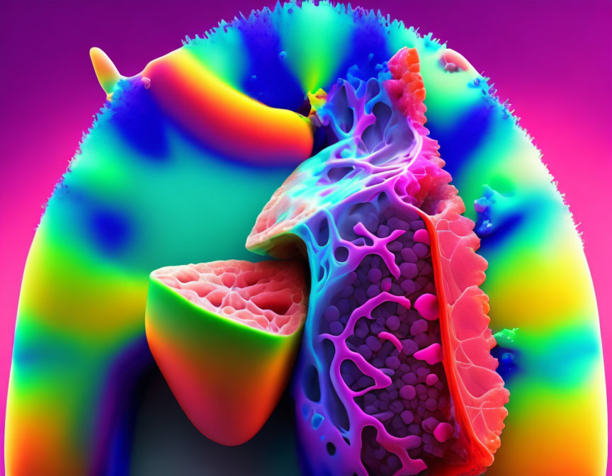 Vibrant human heart cross-section on purple background