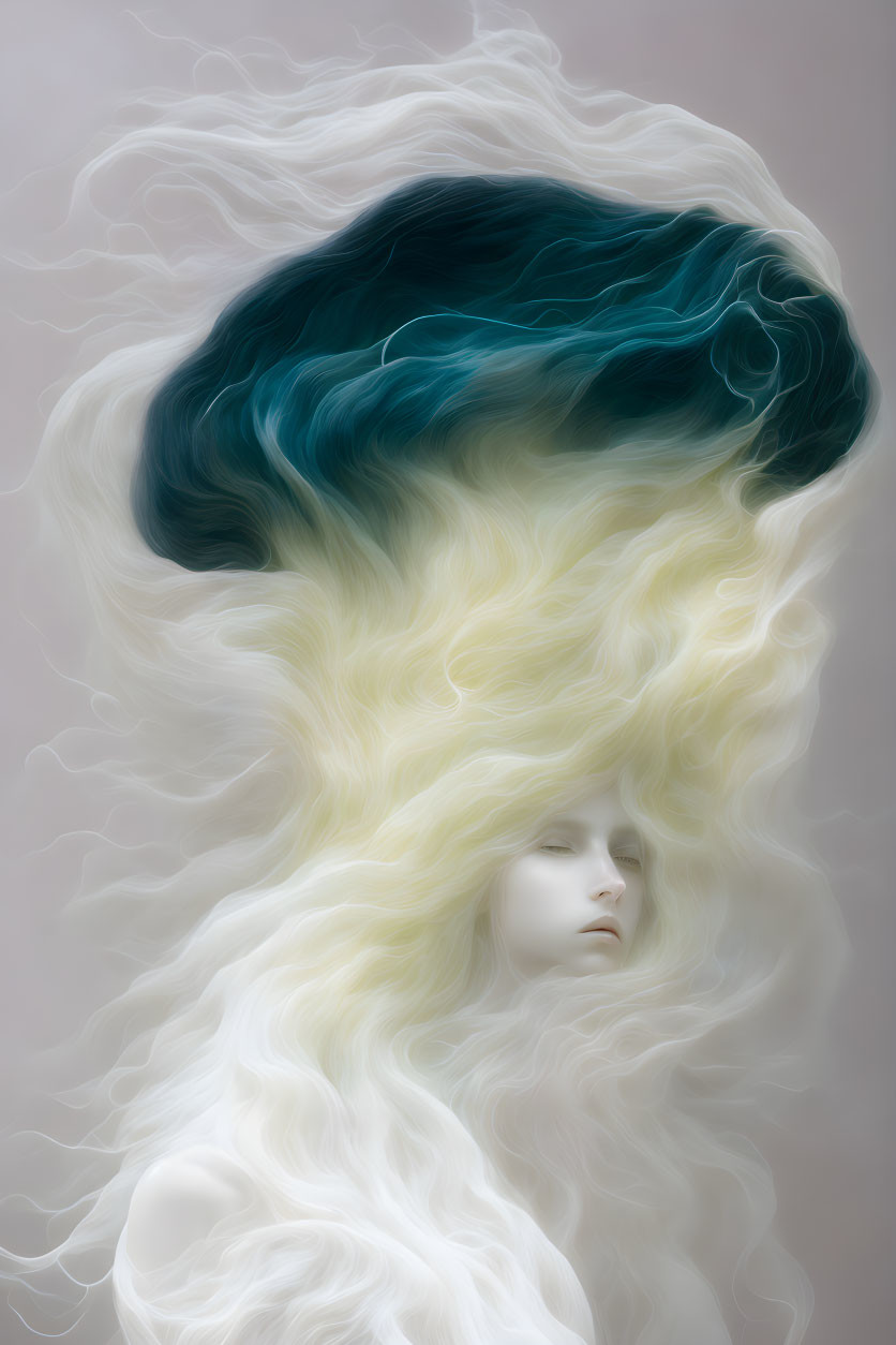 Surreal portrait of person with flowing hair from dark blue to pale blonde