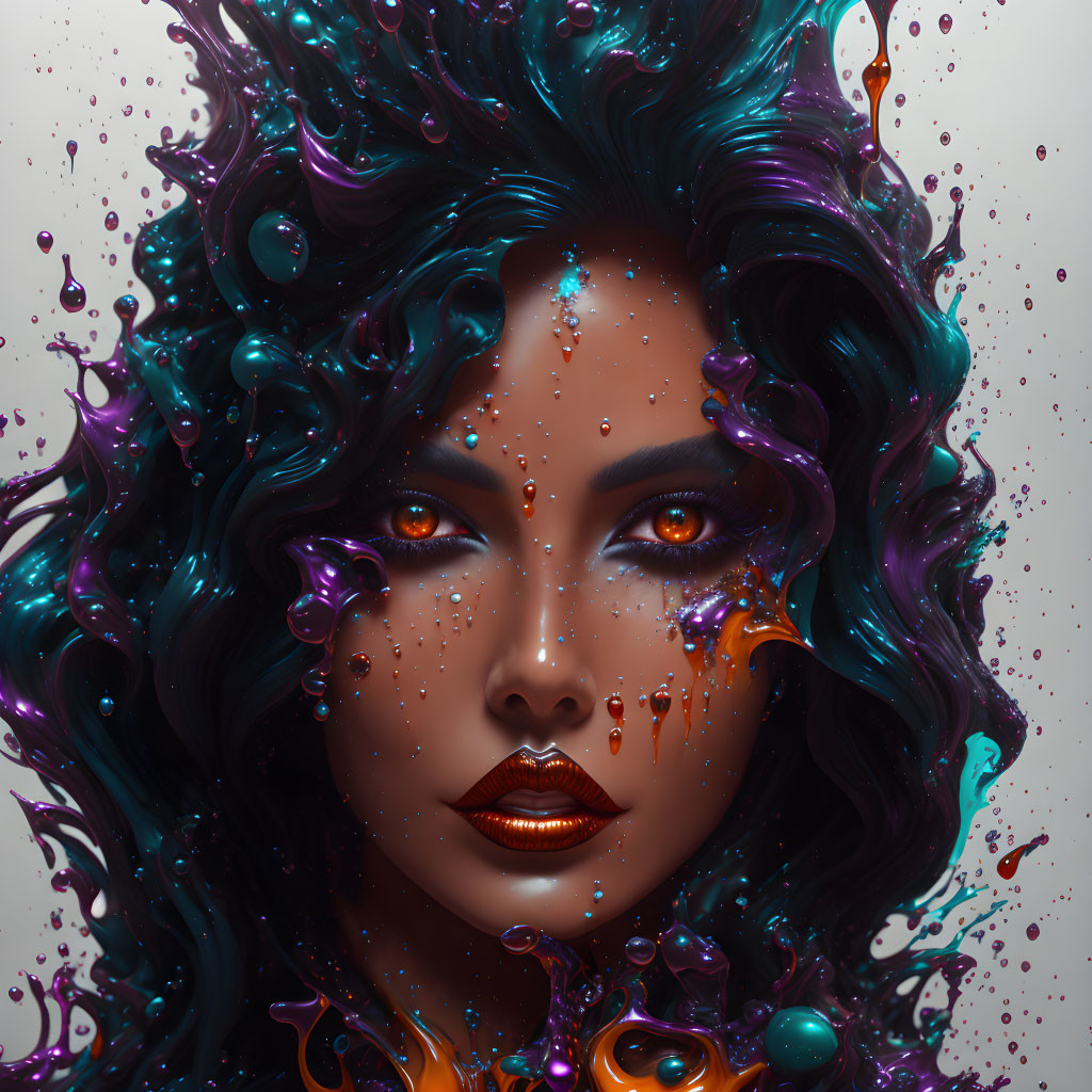 Colorful woman with flowing paint-like hair and intense eyes