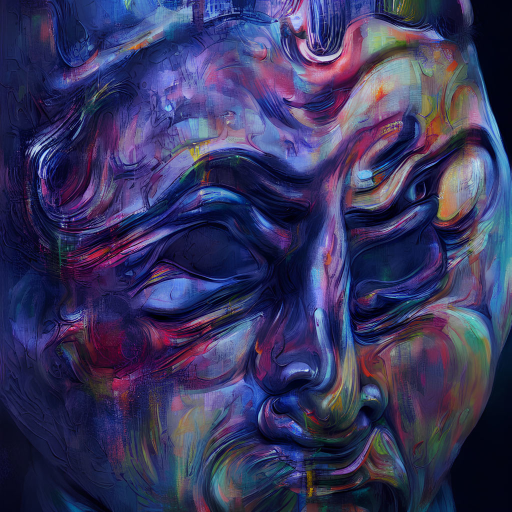 Colorful Abstract Painting of Distorted Human Face with Swirls on Dark Background