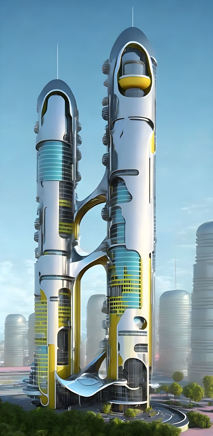 Twin futuristic skyscrapers with white and yellow design elements in cityscape.