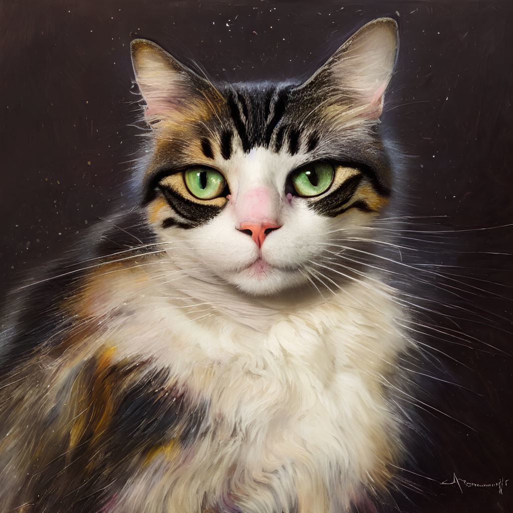 Realistic painting of a cat with green eyes and fluffy coat