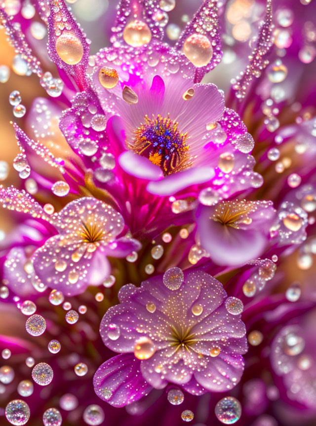 Close-up of dew-covered flowers with vibrant purple bloom and sparkling water droplets