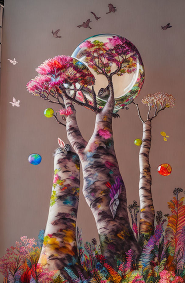 Colorful Tree Mural with Moon, Birds, and Bubbles