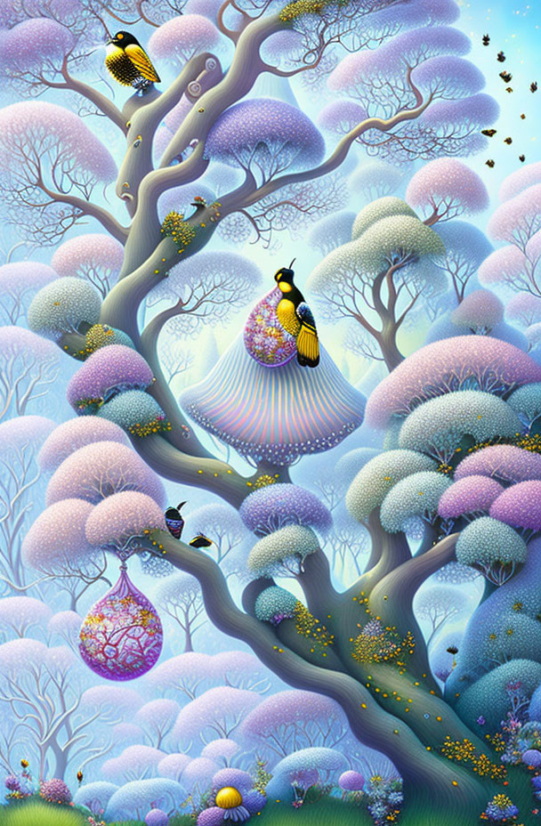 Colorful illustration of magical tree with birds and ornaments in pastel forest