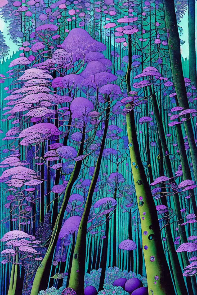 Mystical forest illustration with towering trees and purple foliage