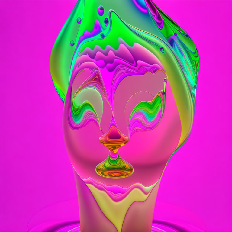 Neon-colored digital artwork with fluid shapes on pink background