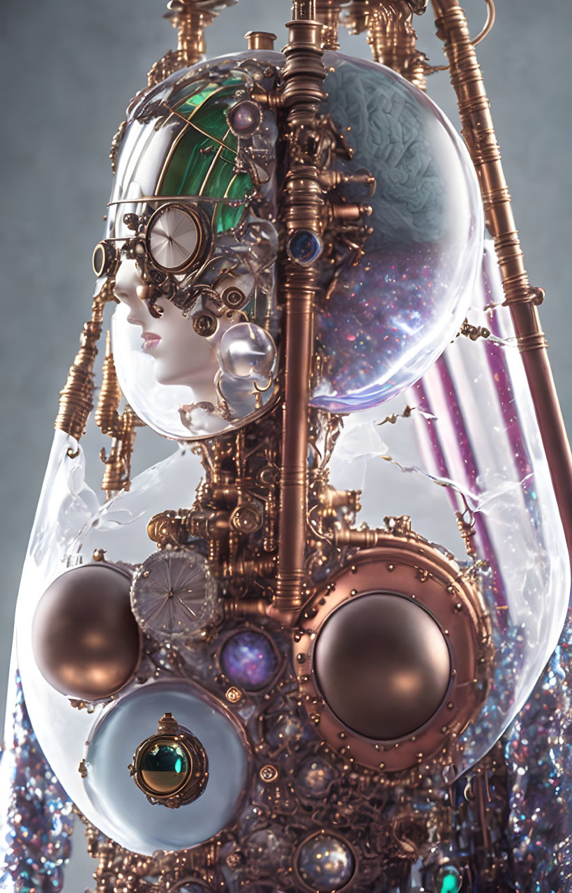 Surreal steampunk-themed head with celestial bodies and gears.