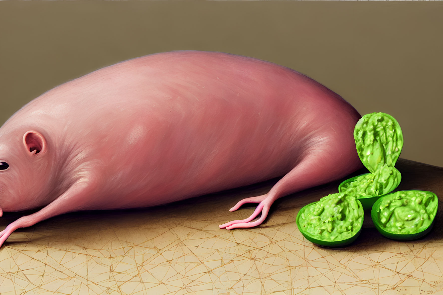 Surreal artwork: Hairless pink pig next to elongated cacti