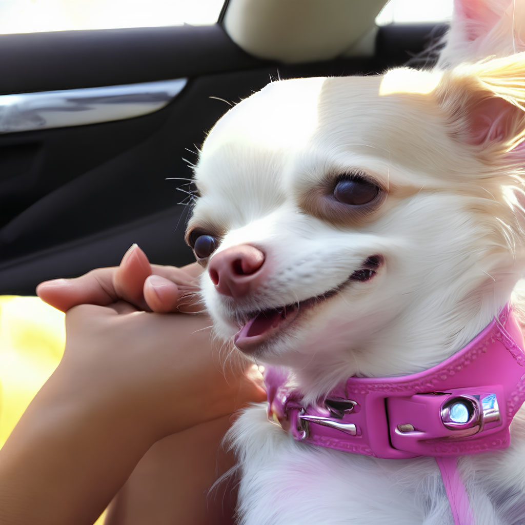 White Chihuahua with pink collar being petted in a car