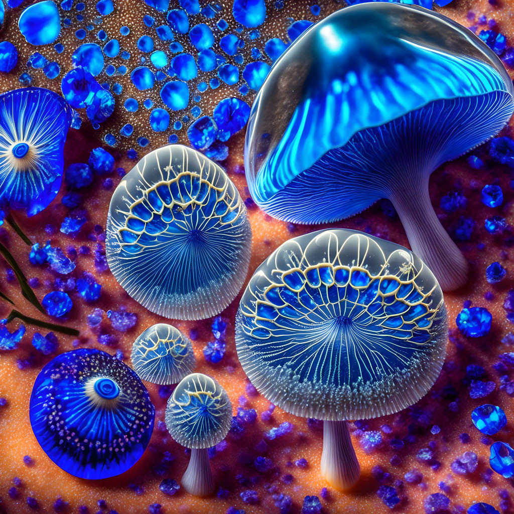 Bioluminescent fantasy mushrooms on colorful abstract background