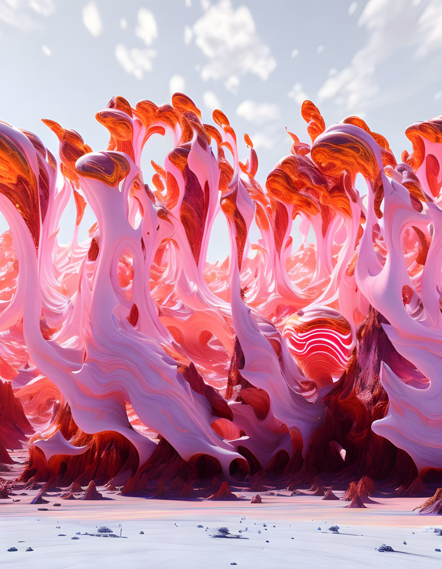 Surreal red and white fluid-like structures in a blue sky landscape