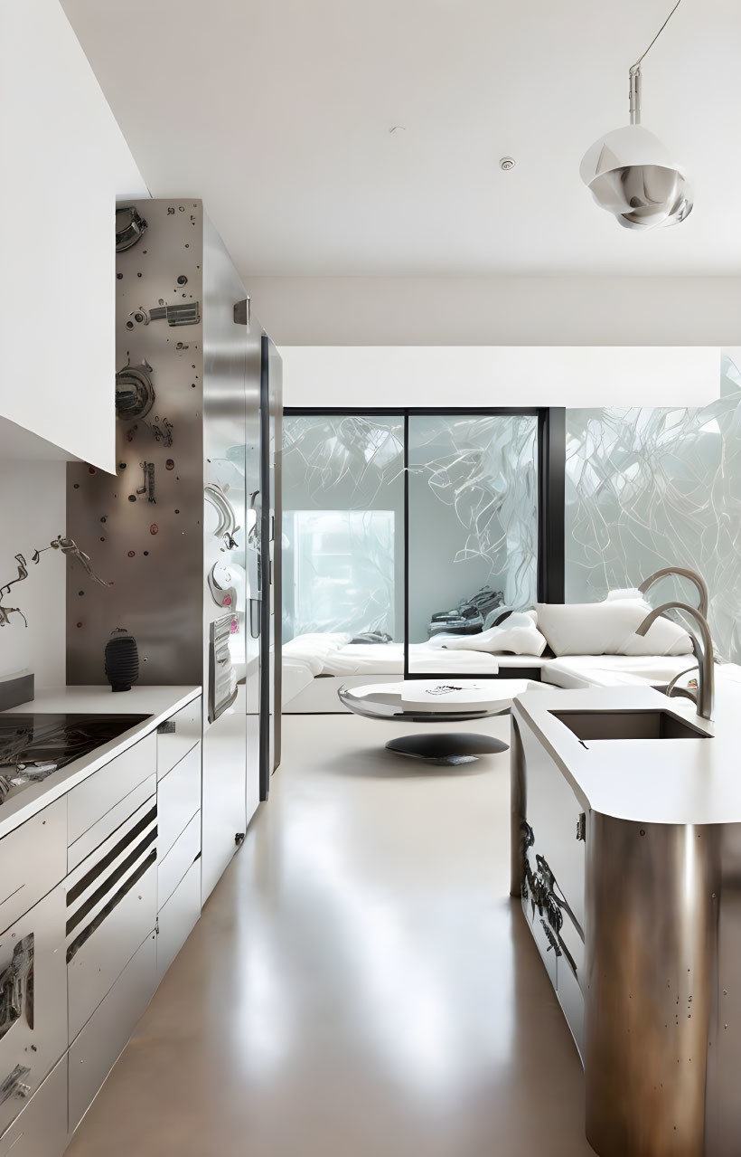 Modern Kitchen with Stainless Steel Appliances and White Sofa in Living Area