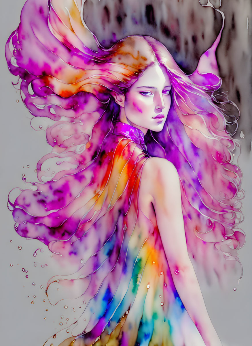 Vibrant woman illustration with flowing hair in purple, pink, and yellow on gray background