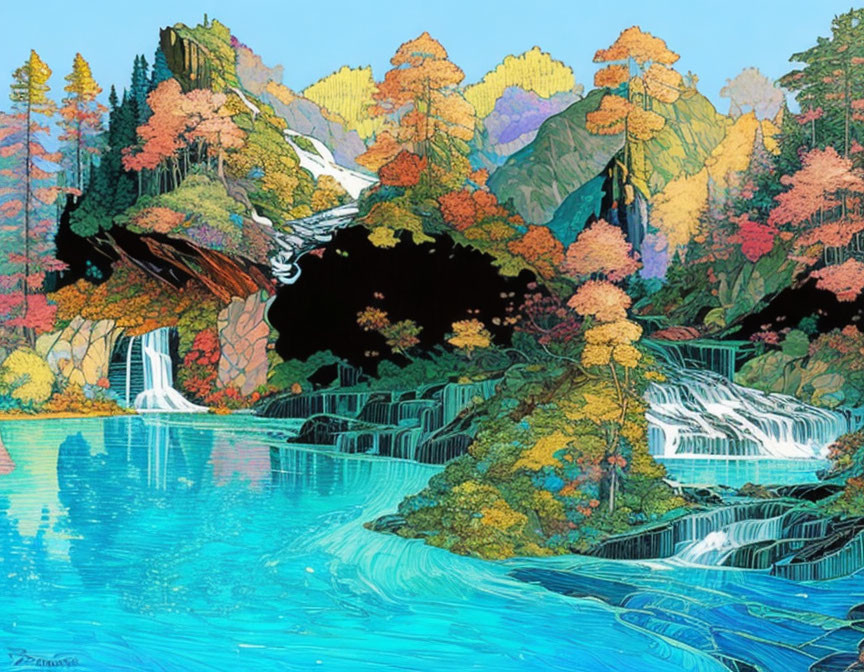 Fantasy landscape with waterfall, river, diverse autumnal trees