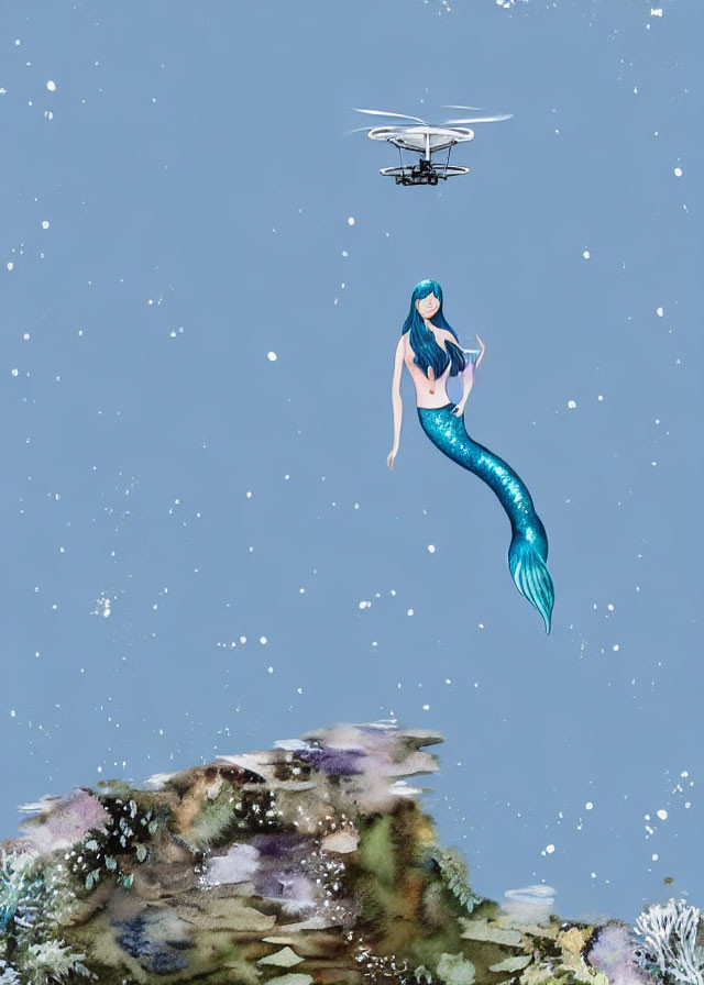 Blue-haired mermaid near rocky reef with drone in snowflake-filled underwater scene