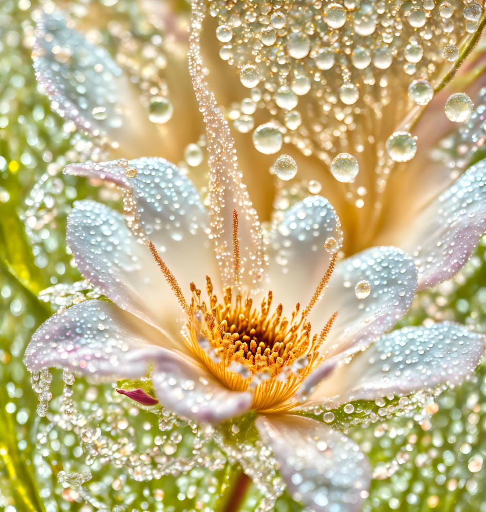 Pale Flower Close-Up with Dewdrops and Golden Center in Bright Light