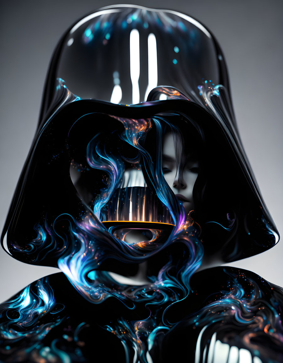 Black Darth Vader helmet with blue and purple smoky wisps.