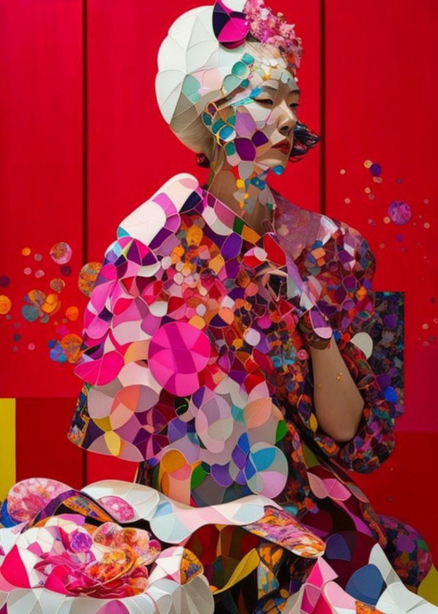 Person in Vibrant Geometric Outfit with Matching Makeup and Headdress on Red Background