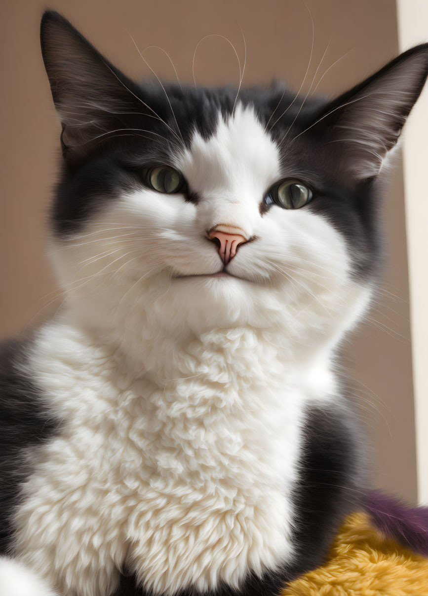 Fluffy black and white cat with green eyes and pink nose