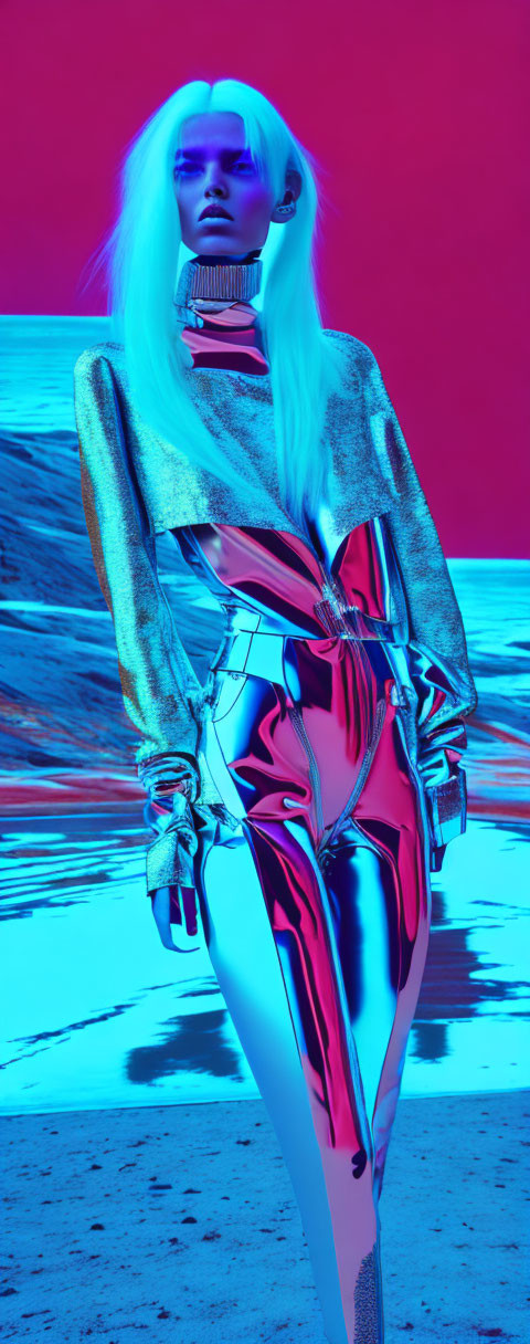 surreal futuristic fashion photoshoot, chrome 