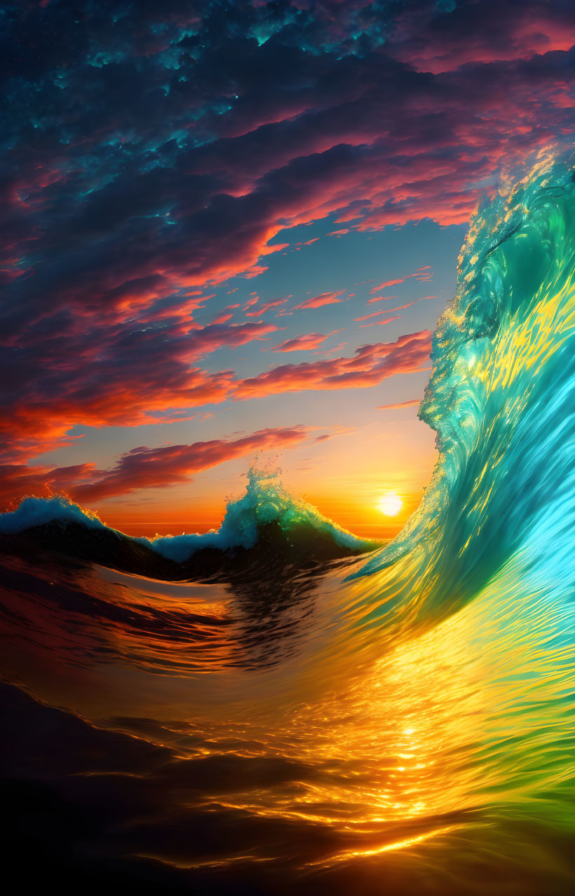 Ocean wave in blue and green against dramatic sunset sky.