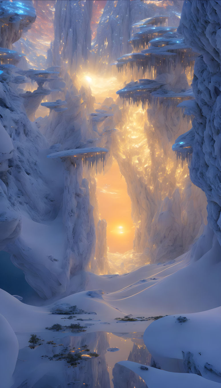 Snowy Canyon with Ice-covered Cliffs and Golden Sunset Reflections