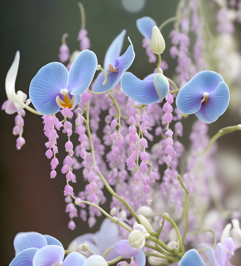 Delicate Pale Blue Orchids with Yellow Center and Pink Hanging Flowers