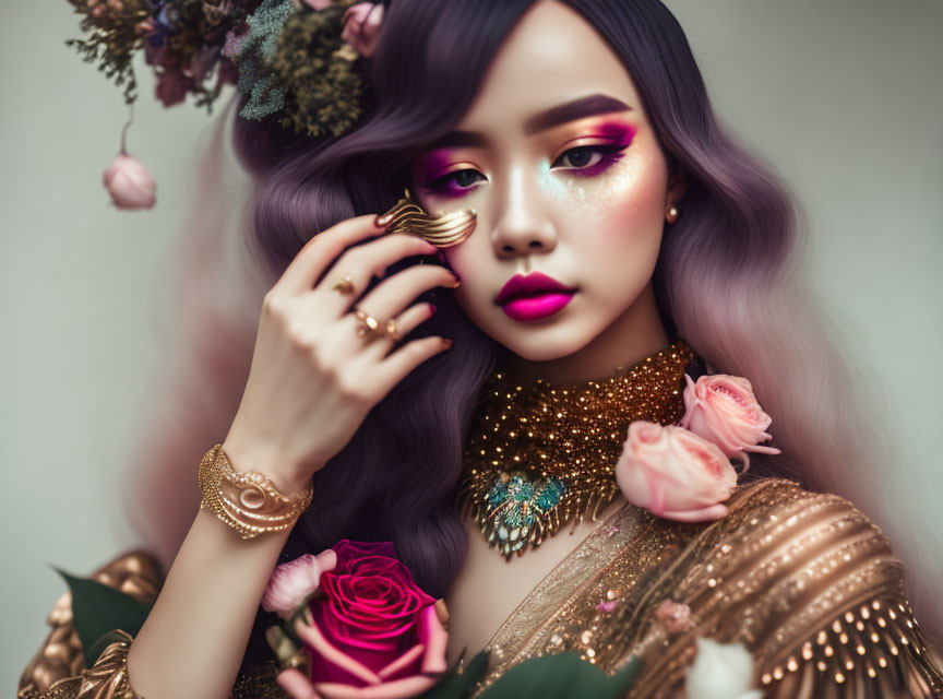 Lilac-haired woman in sequined outfit holds rose in floral setting